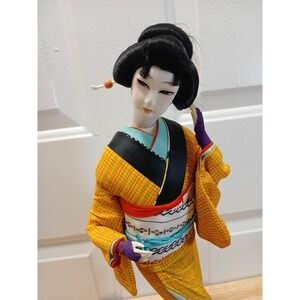 Japanese Brocade Kimono Kabuki Doll Geisha Figurine Statue Pedestal 16.5"